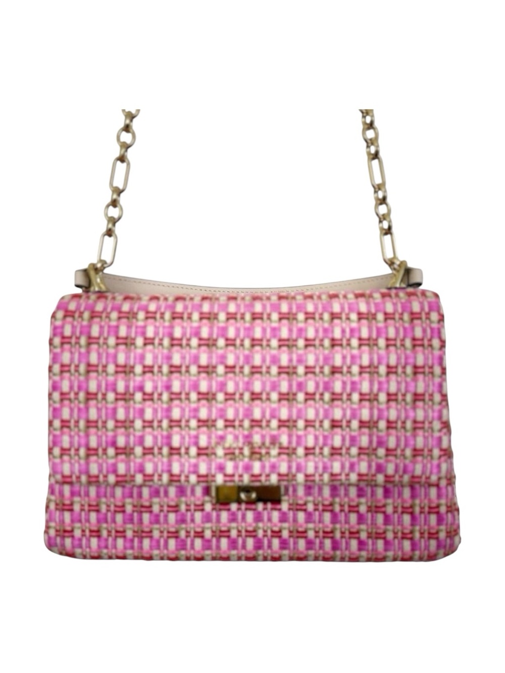 Kate Spade Shoulder Bag Carlyle Raffia Tweed Medium Chain Strap Pink